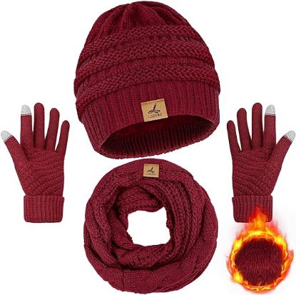 Picture of Winter Beanie Hat Scarf Gloves, Warm Fleece Knit Winter Hats Touch Screen Gloves Neck Scarf Set Winter Gifts for Women Men