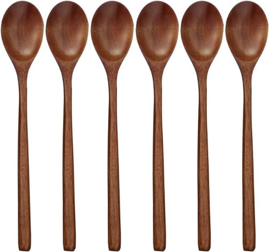 Picture of Wooden Spoons, 6 Pieces 9 Inch Wood Soup Spoons for Eating Mixing Stirring, Long Handle Spoon with Japanese Style Kitchen Utensil, ADLORYEA Eco Friendly Table Spoon