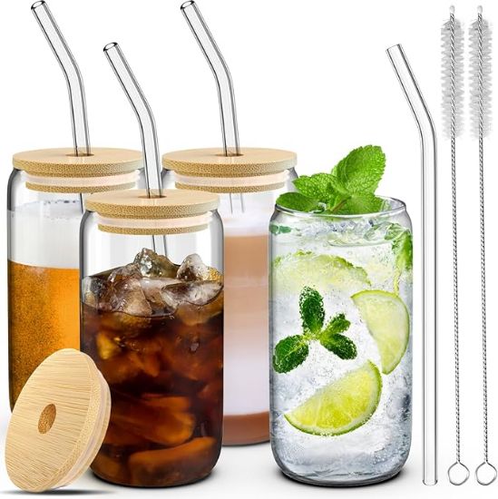 Picture of Dealusy 4 Glass Cups with Lids, Straws, and Brushes - 16 oz Drinking Cup Set with Bamboo Lids and Straws for Iced Coffee, Tumblers with Straw and Lid