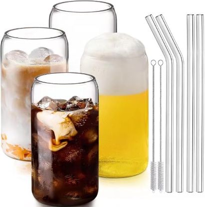 Picture of Ice Coffee Cup16oz,Beer Cup Drinking Glasses with Glass Straw 4pcs-DWTS Beer Glasses Cute Glass Cups with Cleaning Brushes/Coasters